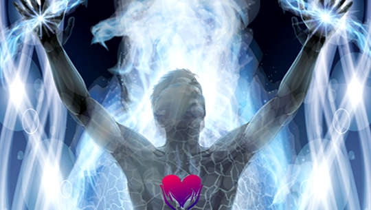 Love First: Broadcasting Love Into the World male figure with hands upraised with light pouring forth and radiant heart on chest
