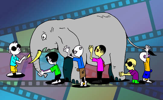 Reframing Can Change Everything blindfolded people touching various parts of an elephant