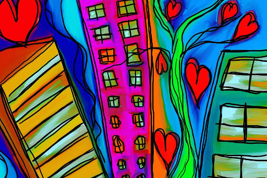 Today's Inspiration: December 18, 2022 a drawing of colorful buildings with a stylized tree which bears hearts