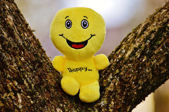a bright yellow plush toy with a huge smile and the word happy written on its body