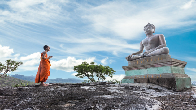 The Buddha Was a Scientist and a Biologist statue of buddha with a young monk standing in front