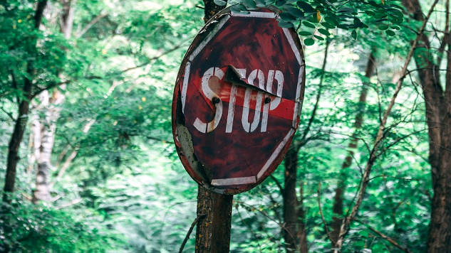 Taking Risks for Travel and Adventure a worn and damaged stop sign