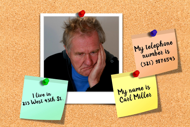 Navigating Alzheimer’s Disease: A Guide for Loved Ones an old man with post-it notes giving his name, address, and telephone number
