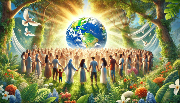 You Are Called to Awaken to Love's New Earth a large group of people in a circle holding hands with the globe of planet radiating in their midst