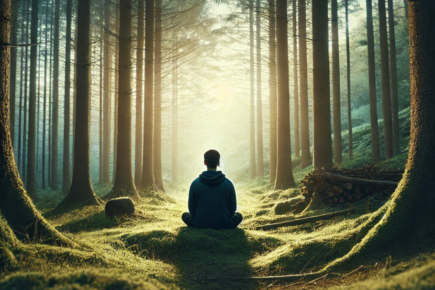 Silent Knowledge, Inner Truth, and Realization Are One a person sitting meditation in a forest with radiant light in the foreground