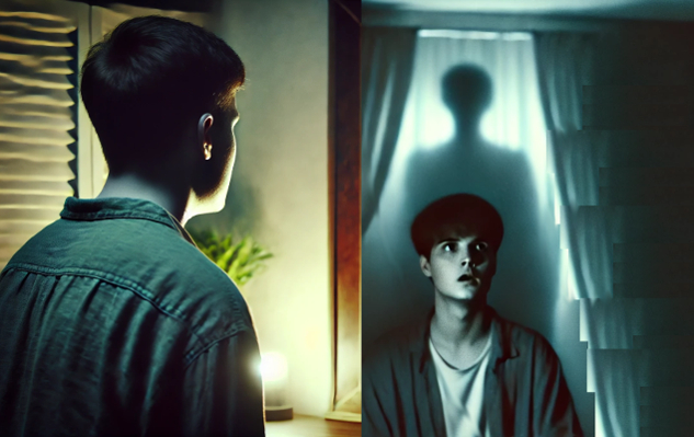 Am I Seeing a Ghost or Is It Just My Imagination? a young man looking in a mirror and seeing his reflection with a ghost behind it