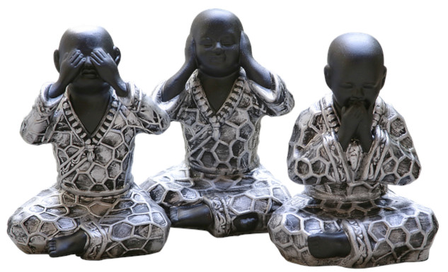Collective Karma and Justice: How Do We Fit In? Three seated Buddhas in the classic see no evil, hear no evil, speak no evil positions