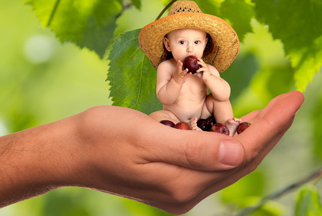 Find Peace and Protection: Trust Divine Love a small baby eating fruit and sitting in an oversized hand