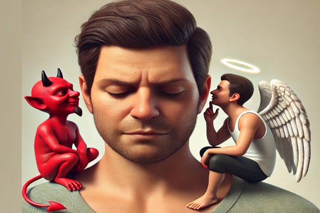How Mind Parasites Are Using You and Hijacking Your Thoughts image of a man with a devil on one shoulder and an angel on the other