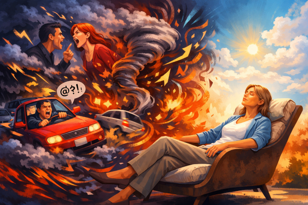 Are You the One Making Your Life Difficult? woman sitting back calmly in chair while thoughts swirl around her