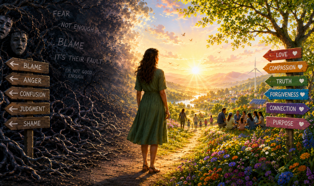Woman chosing between two paths... forwards or backwards