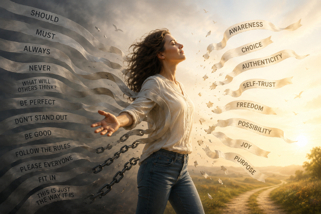 woman stepping away from chains of "should" to freedom of awareness