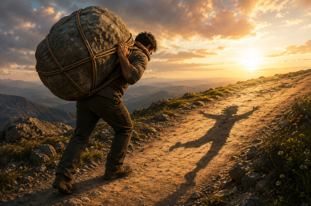 Man walking with a huge boulder strapped to his back, but his shadow is burden-free and dancing.